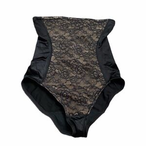 90s European Vintage Be Chic Lace Shaper Cupless Bodysuit Black/Tan Size Medium